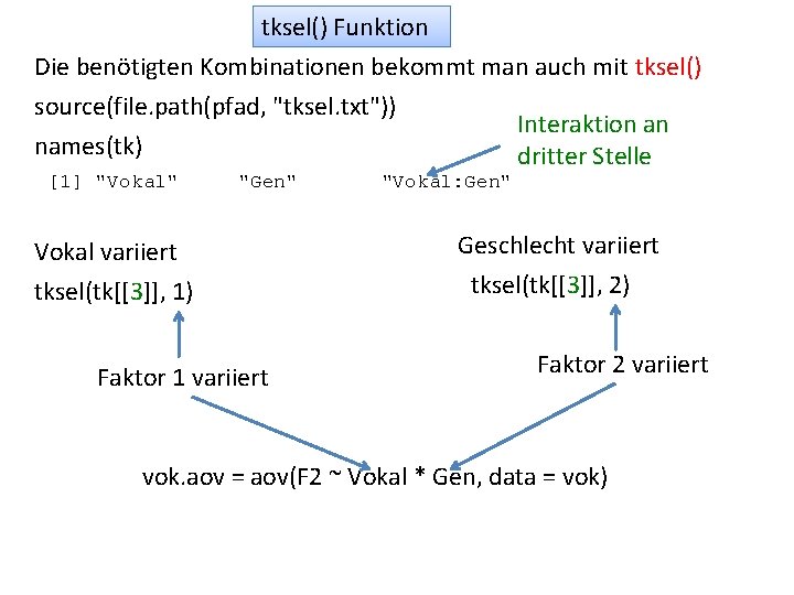 tksel() Funktion Die benötigten Kombinationen bekommt man auch mit tksel() source(file. path(pfad, "tksel. txt"))