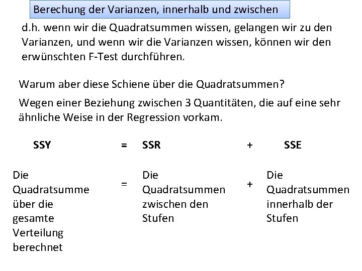 Berechung der Varianzen, innerhalb und zwischen d. h. wenn wir die Quadratsummen wissen, gelangen