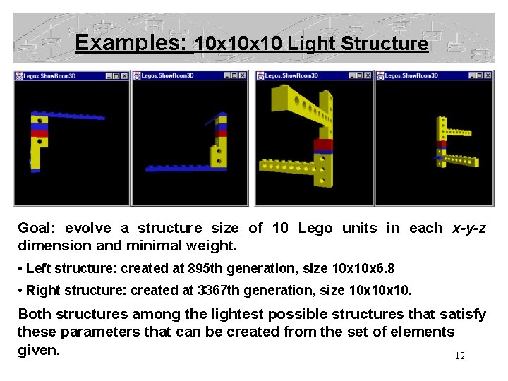 Examples: 10 x 10 Light Structure Goal: evolve a structure size of 10 Lego