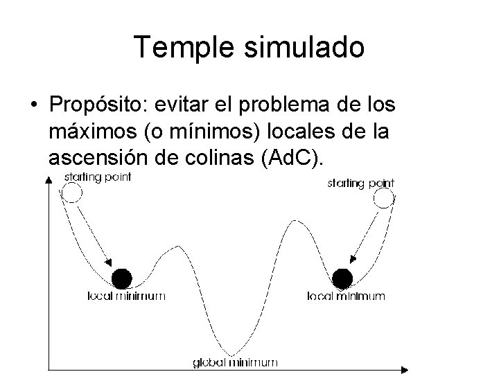 Temple simulado • Propósito: evitar el problema de los máximos (o mínimos) locales de