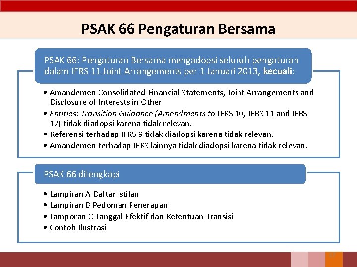 PSAK 66 Pengaturan Bersama PSAK 66: Pengaturan Bersama mengadopsi seluruh pengaturan dalam IFRS 11