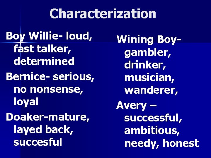 Characterization Boy Willie- loud, fast talker, determined Bernice- serious, no nonsense, loyal Doaker-mature, layed