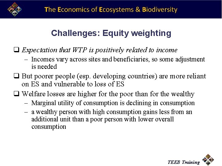 Challenges: Equity weighting q Expectation that WTP is positively related to income – Incomes