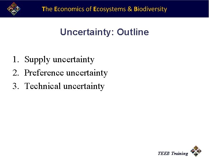 Uncertainty: Outline 1. Supply uncertainty 2. Preference uncertainty 3. Technical uncertainty TEEB Training 