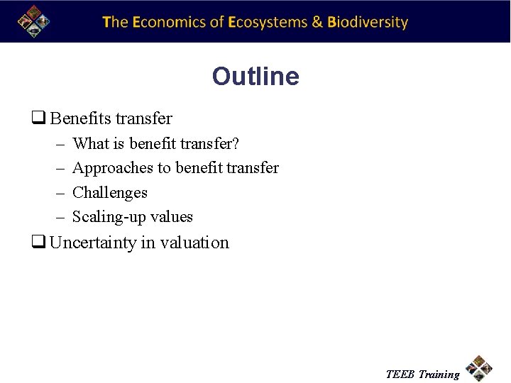 Outline q Benefits transfer – – What is benefit transfer? Approaches to benefit transfer