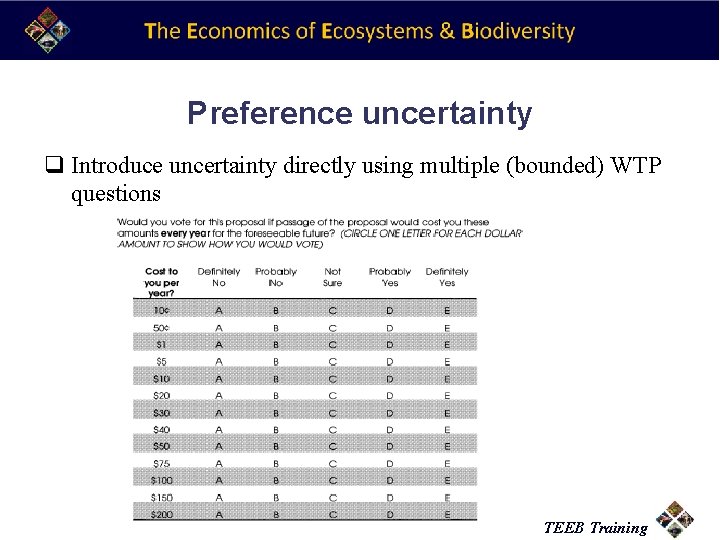 Preference uncertainty q Introduce uncertainty directly using multiple (bounded) WTP questions TEEB Training 