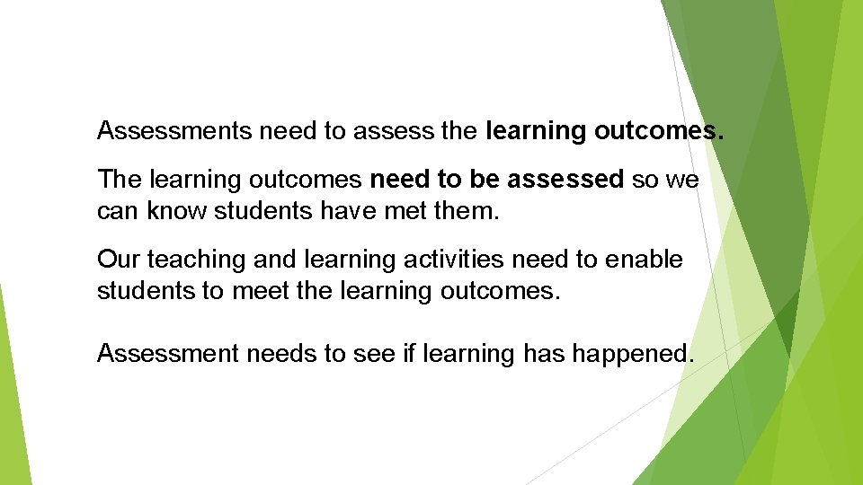 To confirm Assessments need to assess the learning outcomes. The learning outcomes need to