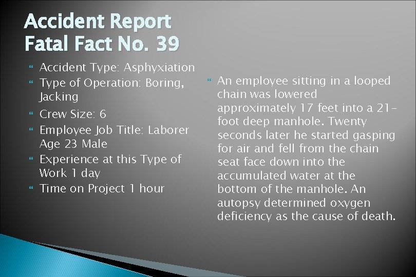 Accident Report Fatal Fact No. 39 Accident Type: Asphyxiation Type of Operation: Boring, Jacking