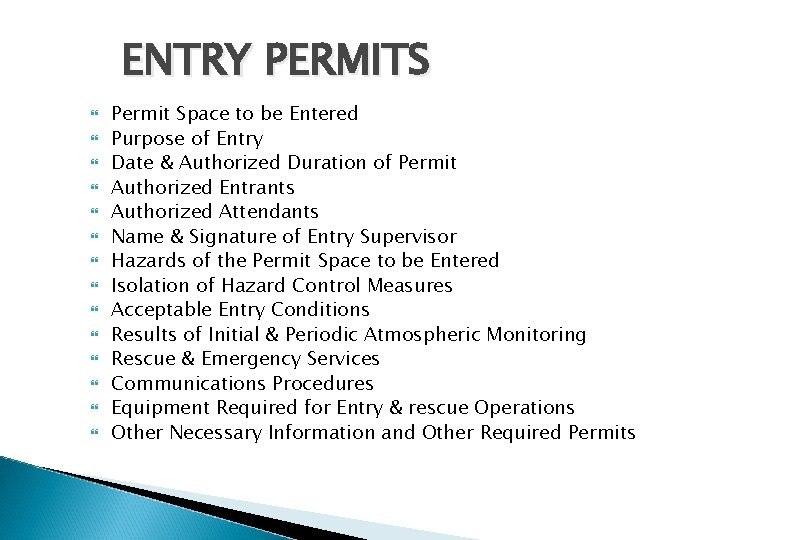 ENTRY PERMITS Permit Space to be Entered Purpose of Entry Date & Authorized Duration