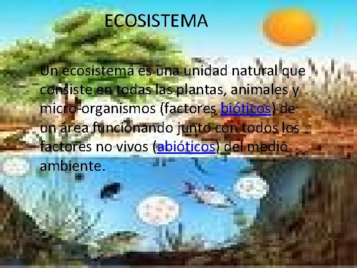 ECOSISTEMA Un ecosistema es una unidad natural que consiste en todas las plantas, animales