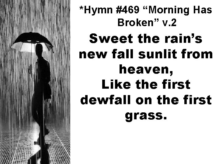 *Hymn #469 “Morning Has Broken” v. 2 Sweet the rain’s new fall sunlit from