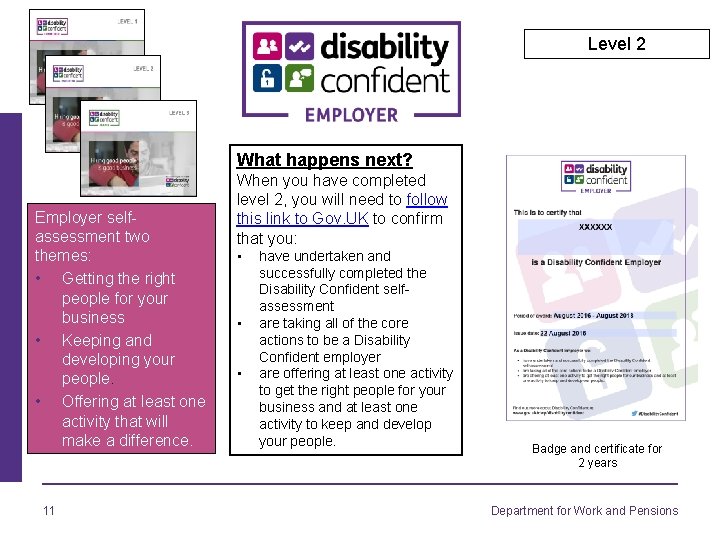 Level 2 What happens next? Employer selfassessment two themes: • Getting the right people