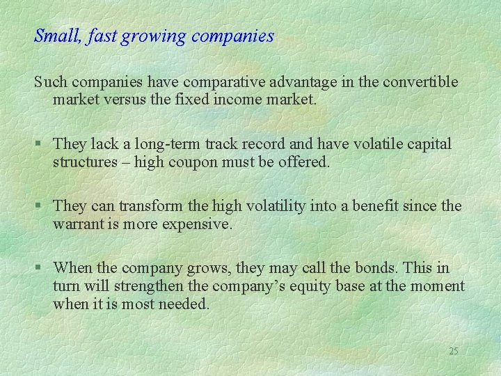 Small, fast growing companies Such companies have comparative advantage in the convertible market versus