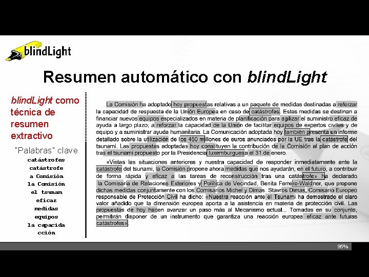 Resumen automático con blind. Light como técnica de resumen extractivo “Palabras” clave catástrofes catástrofe