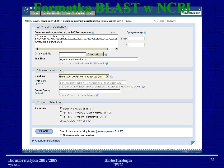 Formatka BLAST w NCBI Bioinformatyka 2007/2008 wykład 3 Biotechnologia UWM 30 