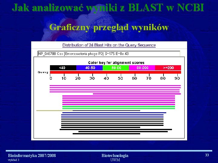 Jak analizować wyniki z BLAST w NCBI Graficzny przegląd wyników Bioinformatyka 2007/2008 wykład 3