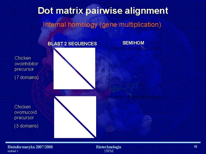 Dot matrix pairwise alignment Internal homology (gene multiplication) SEMIHOM BLAST 2 SEQUENCES Chicken ovoinhibitor