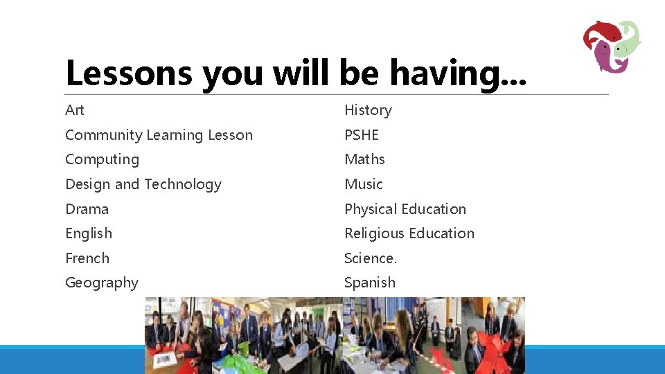 Lessons you will be having. . . Art History Community Learning Lesson PSHE Computing