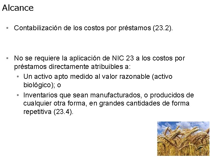 Alcance • Contabilización de los costos por préstamos (23. 2). • No se requiere