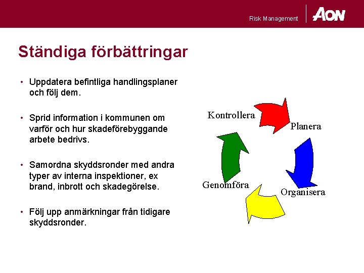 Risk Management Ständiga förbättringar • Uppdatera befintliga handlingsplaner och följ dem. • Sprid information