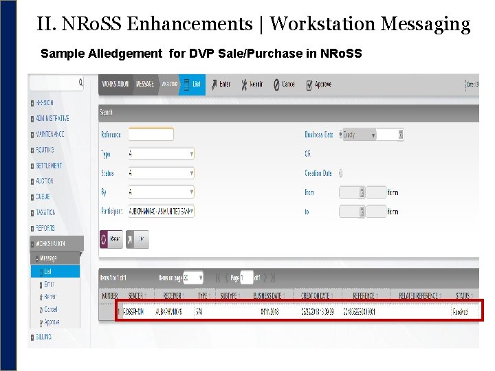 II. NRo. SS Enhancements | Workstation Messaging Sample Alledgement for DVP Sale/Purchase in NRo.