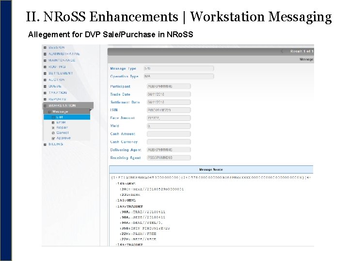 II. NRo. SS Enhancements | Workstation Messaging Allegement for DVP Sale/Purchase in NRo. SS