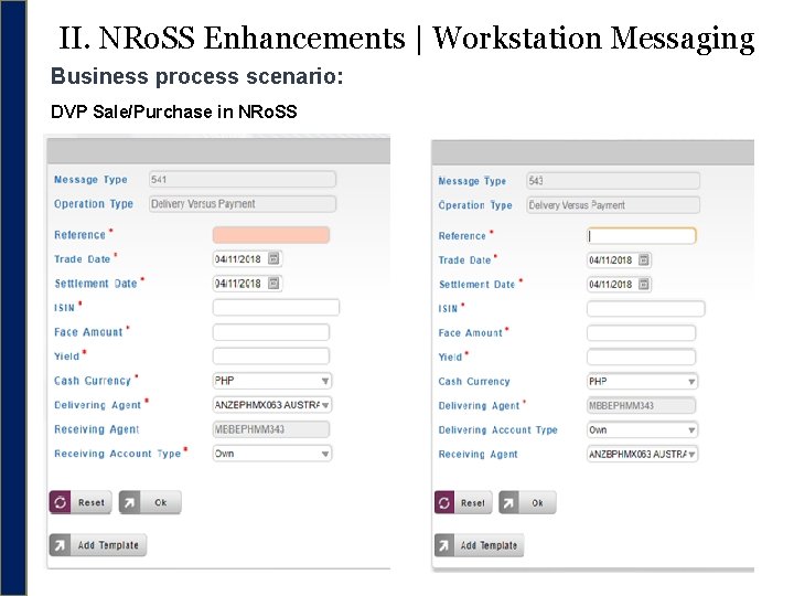 II. NRo. SS Enhancements | Workstation Messaging Business process scenario: DVP Sale/Purchase in NRo.