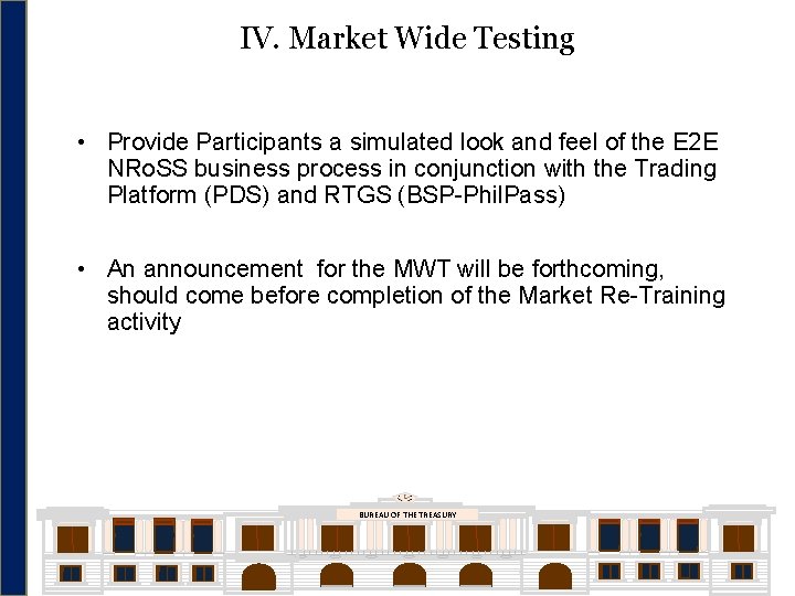 IV. Market Wide Testing • Provide Participants a simulated look and feel of the