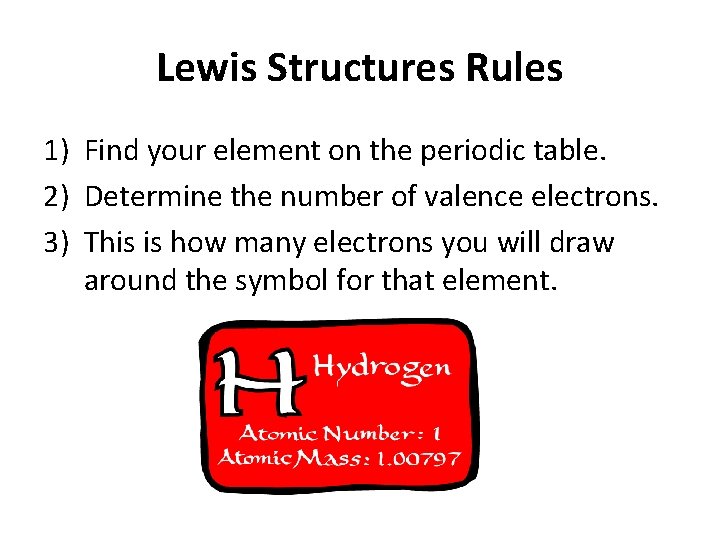 Lewis Structures Rules 1) Find your element on the periodic table. 2) Determine the