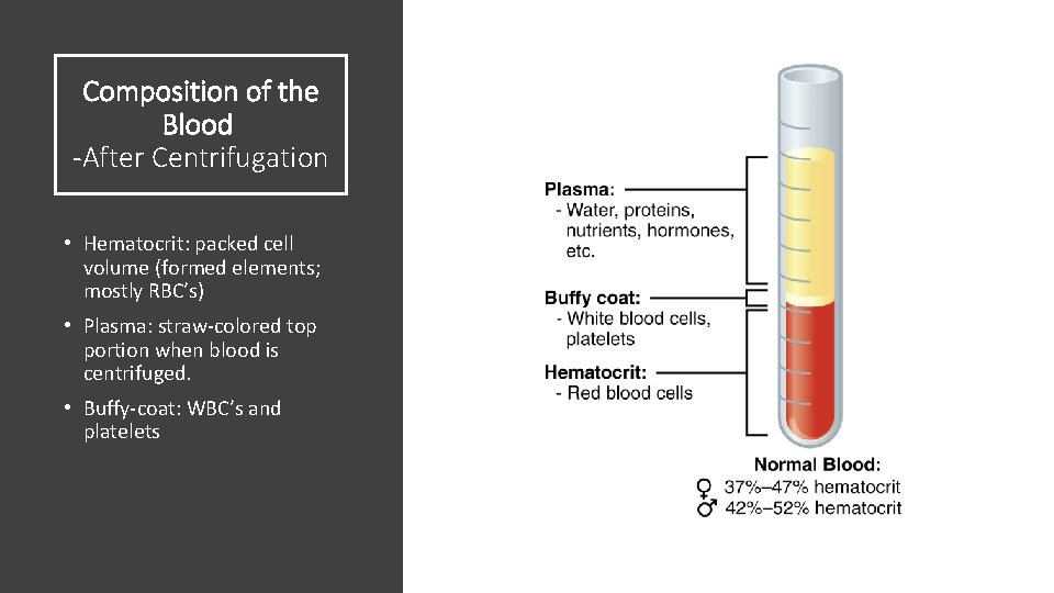 Composition of the Blood -After Centrifugation • Hematocrit: packed cell volume (formed elements; mostly