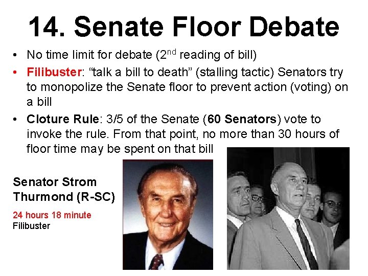 14. Senate Floor Debate • No time limit for debate (2 nd reading of