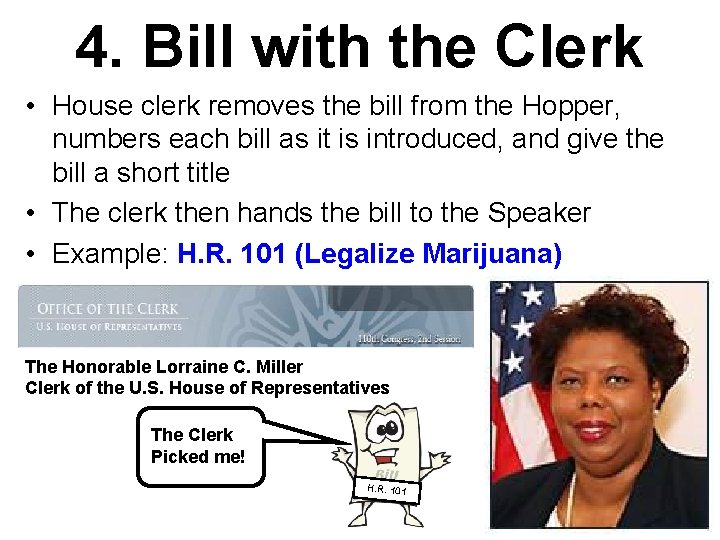 4. Bill with the Clerk • House clerk removes the bill from the Hopper,