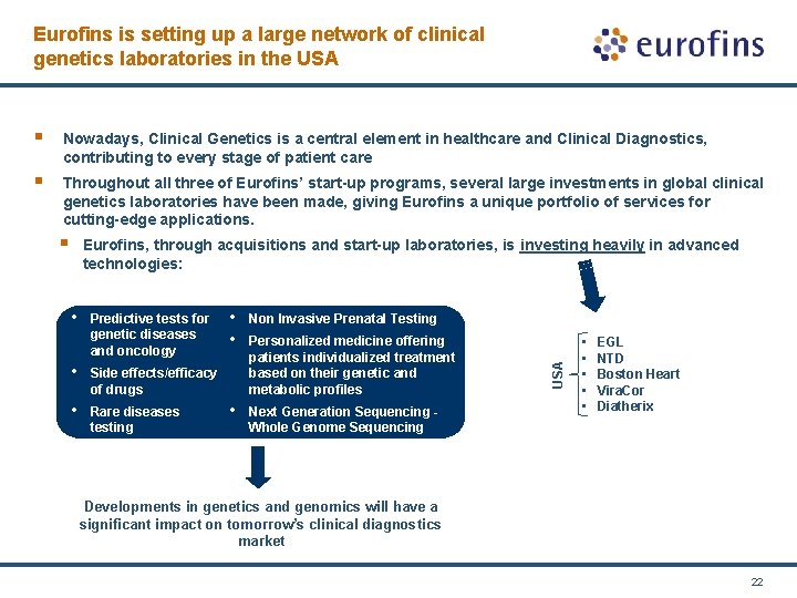 Eurofins is setting up a large network of clinical genetics laboratories in the USA