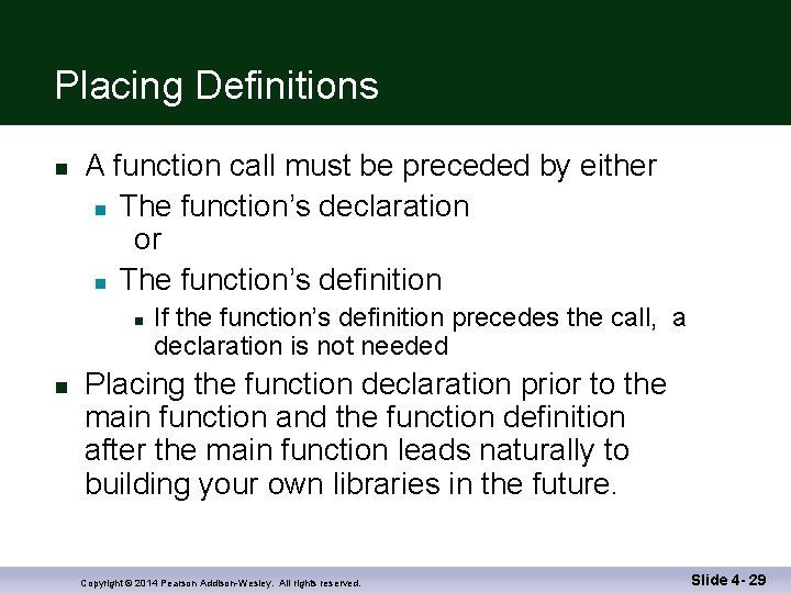 Placing Definitions n A function call must be preceded by either n The function’s