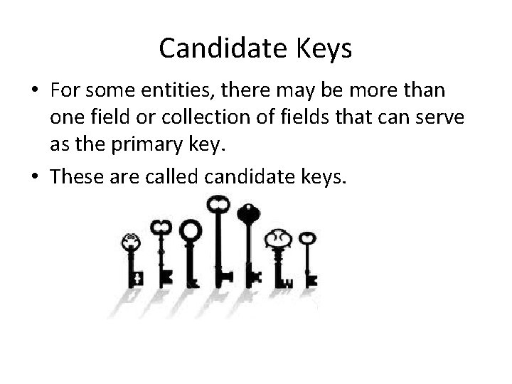 Candidate Keys • For some entities, there may be more than one field or Candidate Keys • For some entities, there may be more than one field or