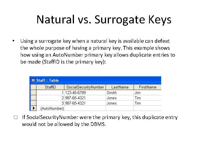 Natural vs. Surrogate Keys • Using a surrogate key when a natural key is Natural vs. Surrogate Keys • Using a surrogate key when a natural key is