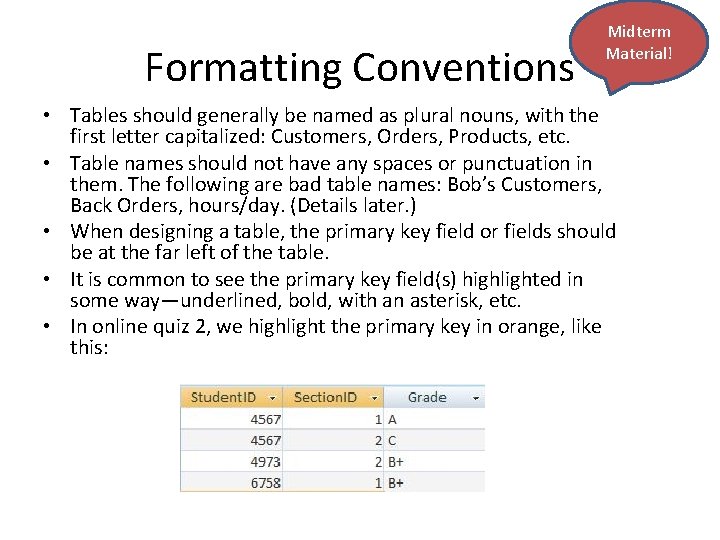 Formatting Conventions Midterm Material! • Tables should generally be named as plural nouns, with Formatting Conventions Midterm Material! • Tables should generally be named as plural nouns, with