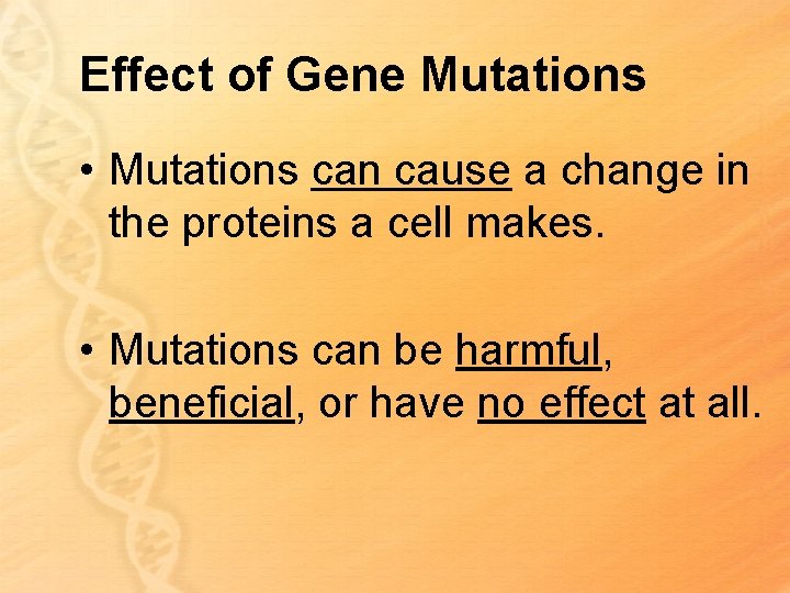 Effect of Gene Mutations • Mutations can cause a change in the proteins a
