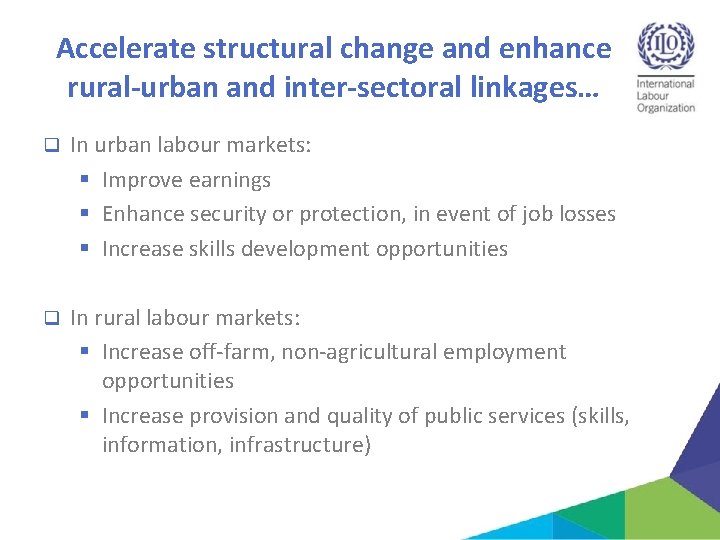 Accelerate structural change and enhance rural-urban and inter-sectoral linkages… q In urban labour markets: