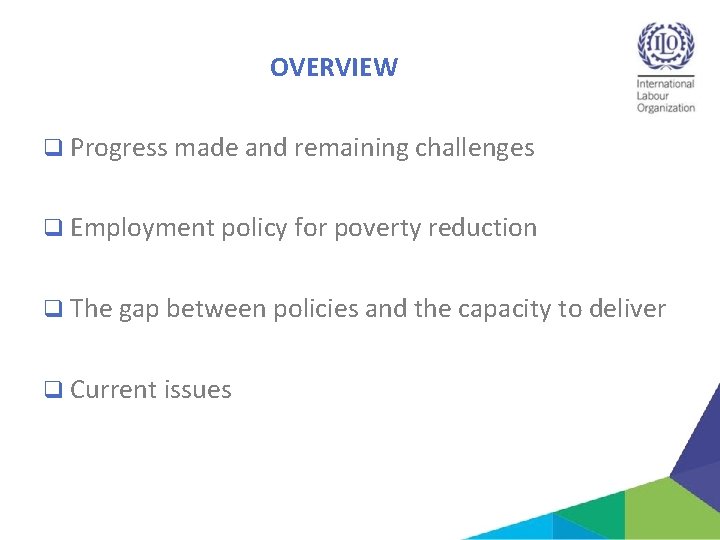 OVERVIEW q Progress made and remaining challenges q Employment policy for poverty reduction q