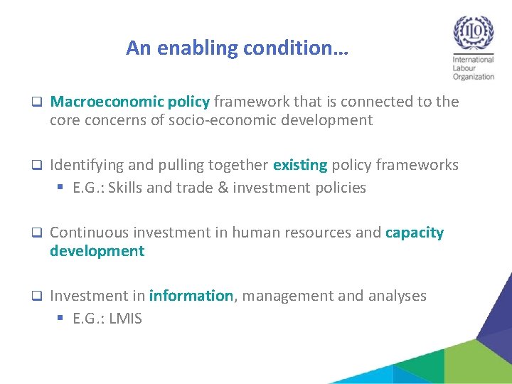 An enabling condition… q Macroeconomic policy framework that is connected to the core concerns