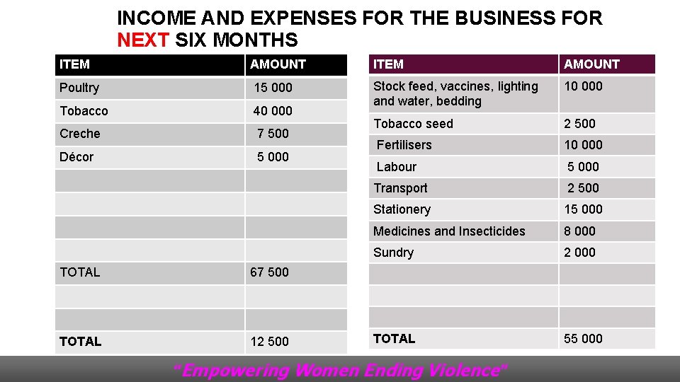 INCOME AND EXPENSES FOR THE BUSINESS FOR NEXT SIX MONTHS ITEM Poultry INCOME AMOUNT