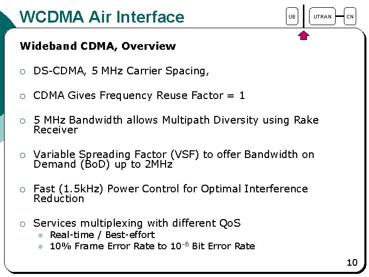 WCDMA Air Interface UE UTRAN CN Wideband CDMA, Overview ¡ DS-CDMA, 5 MHz Carrier
