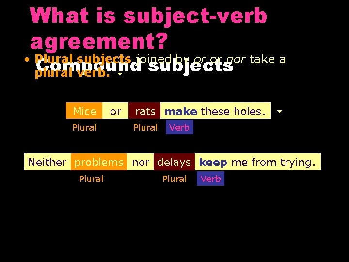 What is subject-verb agreement? • Plural subjects joined by or or nor take a