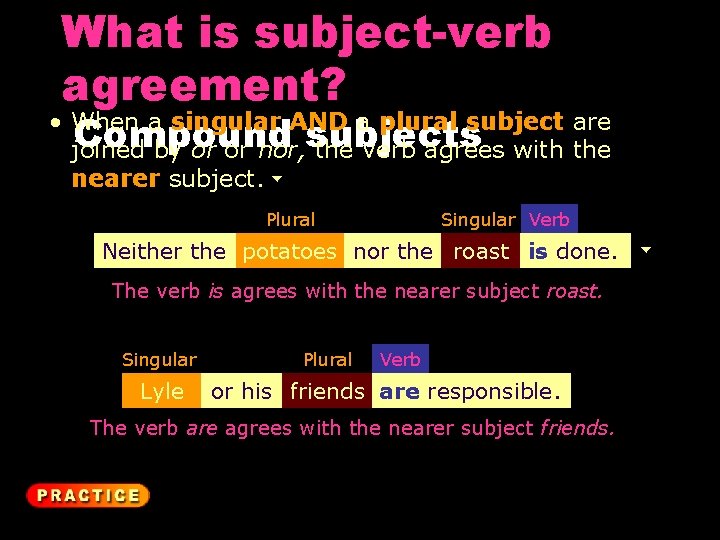 What is subject-verb agreement? • When a singular AND a plural subject are Compound