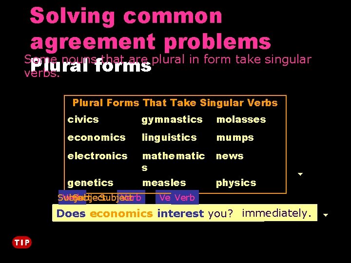 Solving common agreement problems Some nouns that are plural in form take singular Plural