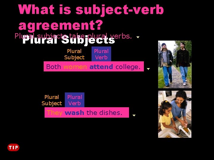 What is subject-verb agreement? Plural Subjects Plural subjects take plural verbs. Plural Subject Plural