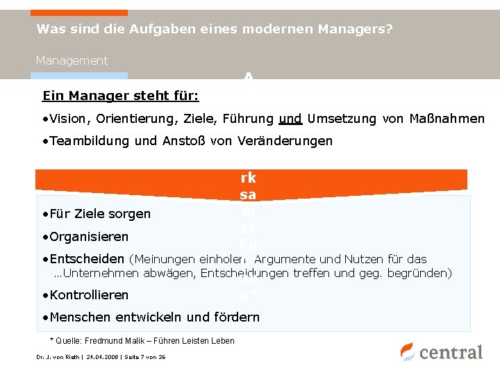 Was sind die Aufgaben eines modernen Managers? Management A uf Ein Manager steht für: