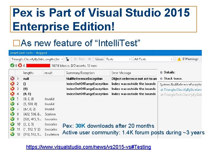 Pex is Part of Visual Studio 2015 Enterprise Edition! □As new feature of “Intelli.
