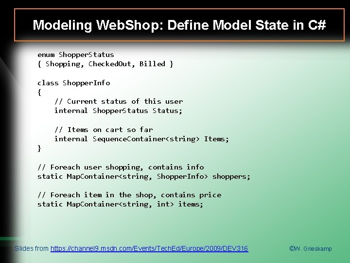 Modeling Web. Shop: Define Model State in C# enum Shopper. Status { Shopping, Checked.